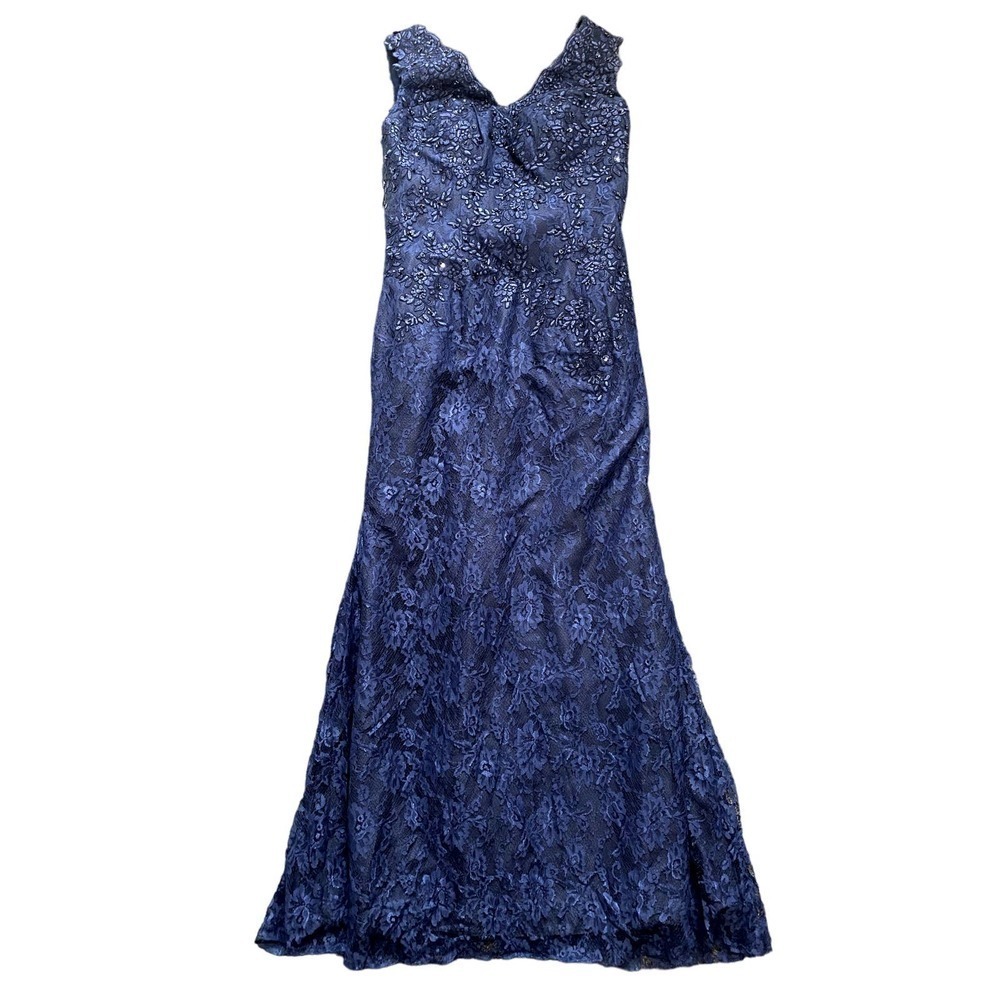 Make You Pretty V-Neck Lace and Beaded Formal Dress in Navy, Size 12 - Picture 1 of 5